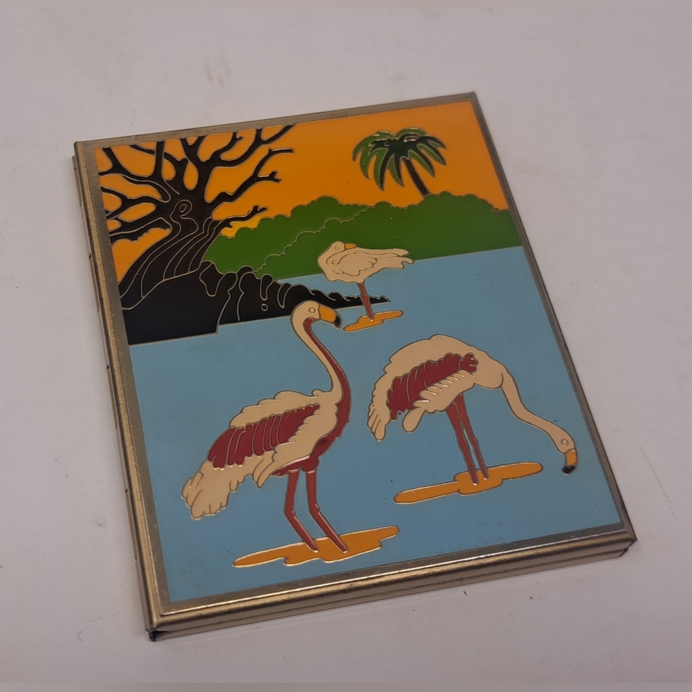 Vintage 80s 90s Enamel Makeup Pocket Vanity Mirror Birds Flamingo Tropical Art